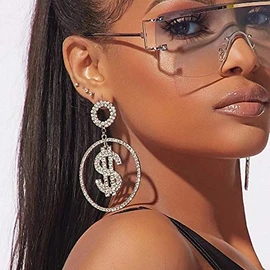 RELOVET Hoop US Dollar Sign Cubic Zirconia Earrings Crystal Rhinestone Money Drop Circle Dangle Silver Gold Statement for Women Party Dance Fashion Jewelry (gold)