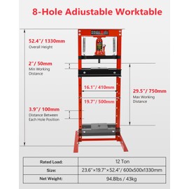 12 Ton Hydraulic Shop Press, H-Frame Bearing/U-Joint Press with Adjustable Height (2"-29.5"), Stamping Plates for Metal Bending, Straightening, Automotive Repair & Garage Use