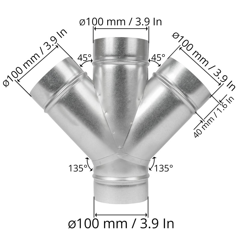 4" Inch W-Shape Ducting Splitter - 45 Degree Galvanized Steel