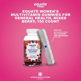 Unique Bundle Store Equate, Womens Multivitamin Gummy, Mixed Berry 150 Count, for General Health Dietary Supplement + 7 Day Pill Organizer Included (Pack of 1)