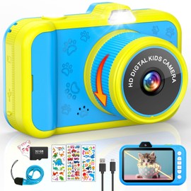 Children's Camera, 3.5 Inch Large Display, 360° Rotating Zoom Lens, Children's Camera with Selfies, LED Flash, Digital Camera Camera Children with 32G Card, Toy Gifts for Children 3-12, Blue