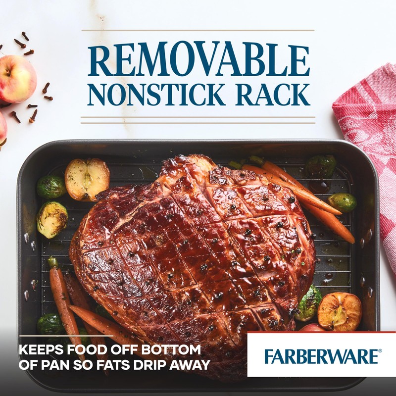 Farberware Bakeware Nonstick Steel Roaster with Flat Rack, 11-Inch x