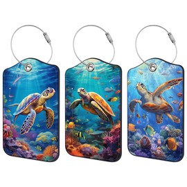 3 Pack PU Luggage Tags for Suitcase, Sea Turtle Suitcase Tag Leather Privacy Cover ID Label with Stainless Steel Loop for Baggage Handbag School Bag Backpack