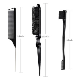 MUNZE Sleek Bun Brush Set, Double Edge Teasing Hair Brush and Rat Tail Comb, Bristles Haircut Hair Comb Care Edges for Hairdressers Women Baby Children Pack of 3