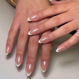 Short French Tip Press On Nails - White Almond Shape - 30 Soft Gel Fake Nails in 15 Sizes - Reusable Semi-Transparent Stick On - Classic Look for Women - Easy Press-On Application