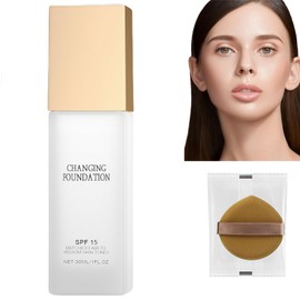 30ML Colour Changing Foundation,Colour Changing Mature Skin Foundation,Long Lasting Waterproof Moisturising F-oundation,Concealer Spf 15,Covers Naturally Lotion Makeup Base with Powder Puff