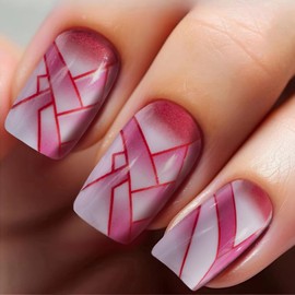 Square Press on Nails Medium Fake Nails with Designs Red Lines Stick on Nail Retro Red Gradient Acrylic False Nail Glossy Artificial Nail Full Cover Glue on Nails for Women