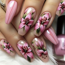 24Pcs Flower Press on Nails Medium Length Coffin Fake Nails Pink Floral Stick on Nails Spring False Nails Glossy Full Cover Glue on Nails Nude Pink Acrylic Artificial Nails Kit for Women Girls