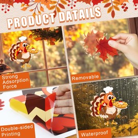 Thanksgiving Decorations Window Clings, 4 Sheets Large Size Thanksgiving Autumn Decals with Turkey Maple Leaves, Removable Window Stickers Fall Decor for Home School Shop Office Party Supplies