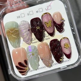MAGLFELL Press On Nails -Purple, Handmade Medium Almond Fake Nails, Artistic Design, Thick Acrylic and Muti-Layer Gel False Nails, Reusable, Supremely Fit Natural Stick On Nails10 Fake Nails Kit