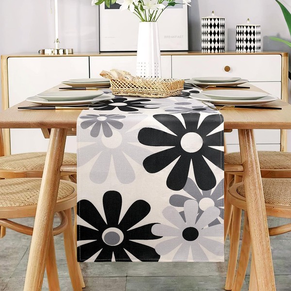 Black Modern Living Room Table Runner Dahlia of Flowers Grey Linen Tablecloth Outdoor Decorative for Dining Table for Festival, Kitchen, Wedding, Picnic, Party, 40 x 140 cm