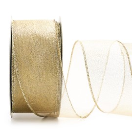 ALTIER Light Gold Metallic Ribbon, Wired Edge Ribbon for Christmas Tree Decoration, Bow Making, Gift Wrapping, Cards Display, Crafts, Sewing, Gift Package (2.5 inch x 40 Yards x 1 Roll)