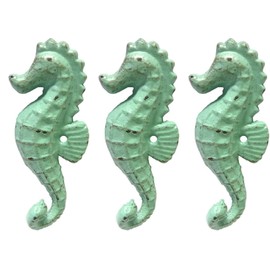 Weathered Cast Iron Seahorse Wall Hooks, Teal, Set of 3 (Teal)