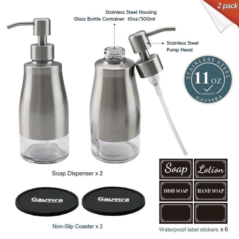 Gaussra 2 Pack Soap Dispenser with Coaster and Stickers, Stainless