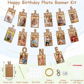 Vicloon Banner per Foto per il primo compleanno,Festone Ghirlanda Foto,Ghirlanda di Compleanno 12 Mesi,Striscione Fotografico Compleanno,Battesimi,Matrimoni,Feste di Amicizia
