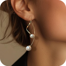 Pearl Earrings for Women, 14k Gold Spiral Threader Earrings,Lightweight Pearl Drop Dangle Earrings Statement Wedding Bridal Earrings,Perfect for birthday Party, Christmas, Gift-giving(Gold)