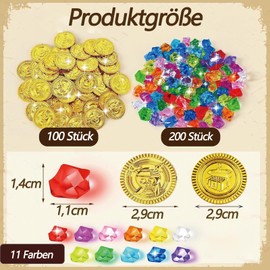 Catelves Gold Coins Pirate Treasure Set 300 Pieces, 100 Pirate Gold Coins and 200 Gemstones for Children, Gold Taler Pirate Treasure, Gold Coins Children, for Treasure Chest Children's Birthday