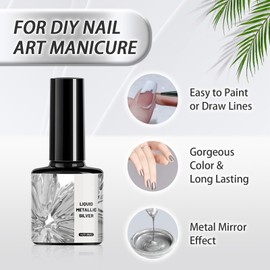 WALULAN 8ml Silver Metallic Painted Gel Nail Polish, Metallic Painting Gel, 3D Metal Painting Drawing Mirror Nail Gel Polish Glossy Wire Drawing Pen Nail Kit Tool