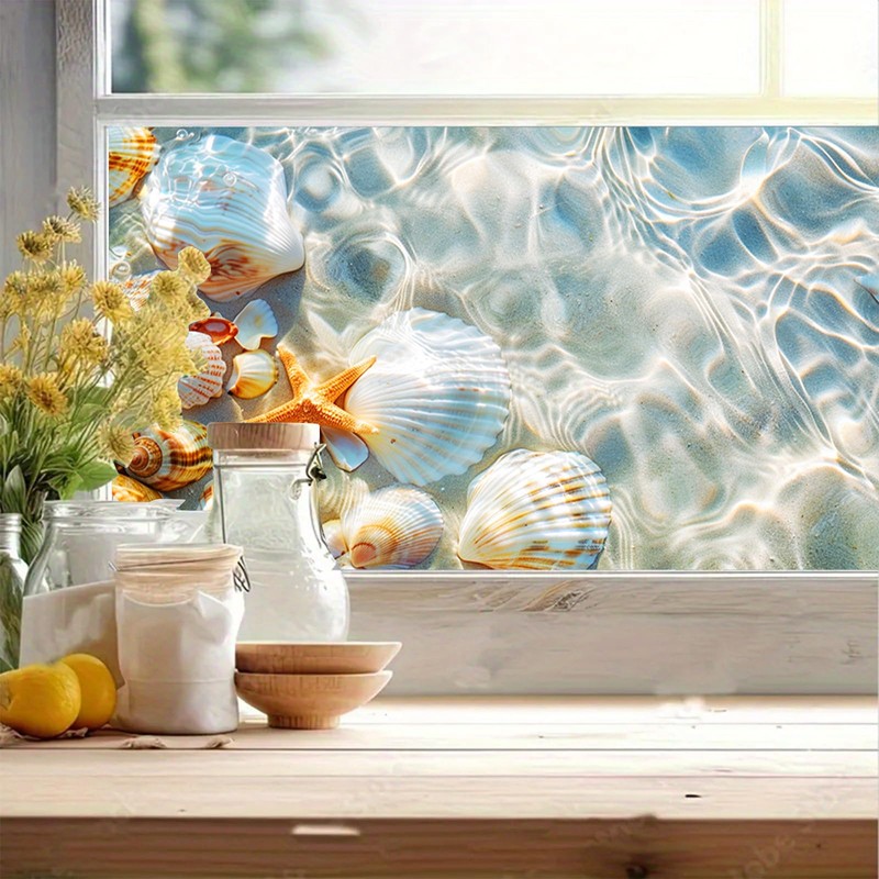 HOMETITUTE Seaside Shell Starfish Scene Window Cling 39.3x17.7 Inch PVC