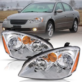 TUSDAR Fit for 2002 2003 2004 Nissan Altima Headlight Assembly Halogen Model Left Driver and Right Passenger Side Headlamp (Chrome Housing with Amber Reflector)