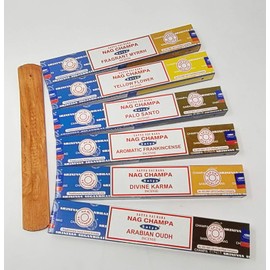 Satya Nag Champa Combo Incense Sticks Mix Deal - Sandalwood, Divine Karma, Arabic Oudh, Yellow Flower, Aromatic Frankincense, Scented Myrrh with JR Incense Holder SNC14