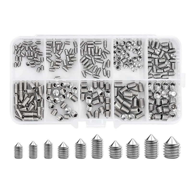 200Pcs Cone Point Grub Screw Kit M3/M4/M5/M6/M8 Stainless Steel Metric