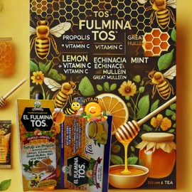 Fulmina tos TE (20 tea bags) W/Mullein, Propolis, Echinacea, Eucalyptus and more + Syrup Propolis & Vitamin C W/Lemon, Echinacea 8.11 fl oz+ (JARABE Propóleo y Vitamina C Con Limón, Equinácea)