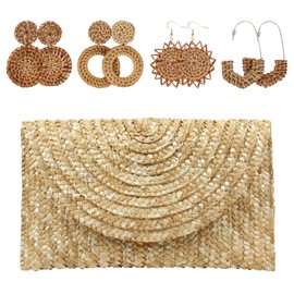EVEOUT Women's Straw Clutch Handbag Summer Woven Purse Beach Holiday Wedding Handbag, Brown 04, Bohemian