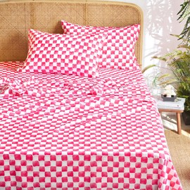 Wake In Cloud - Gingham Sheet Set, 4-Piece Sheet Set, Checkered Grid Plaid Checkerboard Geometric Preppy Hand Drawn Pattern Printed Bedding, Deep Pocket, Hot Pink White, Queen Size