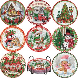 8 Pack Christmas Diamond Art Coaster Kit, Gingerbread Man Penguin SnowmanAdult Diamond Painting Coaster Kit,5D DIY Full Drill Diamond Dot （with Holder） 4x4 Inch