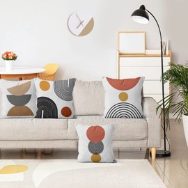 Boho Cushion Cover, 45 x 45 cm, Set of 4, Hnmdmyi Mid Century Abstract Geometric Circle Stripes Decorative Cushion Covers Modern Minimalist Linen Cushion Cover for Sofa Couch Bed Garden Outdoor Home