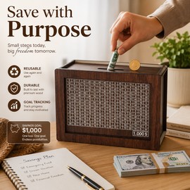Wooden Savings Challenge Box for Cash – Reusable $10,000 Money Bank for Home Goals and Gifts