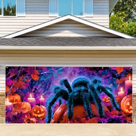 7 x 16 ft Giant Spider Halloween Garage Door Decorations Happy Halloween Door Cover, Hanging Banner blacklight Backdrop Mural for Home, Outdoor, Indoor, Spooky Party, Wall, Window