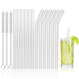 Pack of 12 Straws,Reusable Glass Straws,Glass Straws Drinking, 6 Curved Straws Glass and 6 Straight Glass Straws 15 Cm with 3 Cleaning Brushes, Suitable for Bubble Tea, Cocktail, Juices, Slush