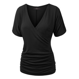 Made By Johnny MBJ WT1118 Womens V Neck Short Sleeve Wrap Front Drape Dolman Top L Black