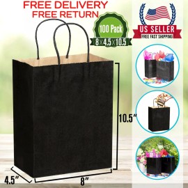 Shoplenty [100 Pcs]-Black Paper Shopping Kraft Retail Merchandise Bags With Handles [small