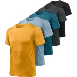 ATHLIO Men's Workout Running Shirts, Sun Protection Quick Dry Athletic Shirts, Short Sleeve Gym T-Shirts, Vent Cool 5pack Black/Charcoal/Dark Teal/Stone/Yellow, Medium