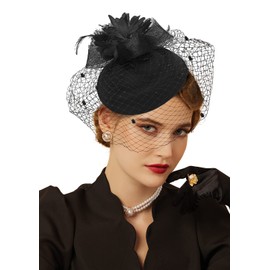 Cizoe Fascinator Hair Clip Pillbox Hat Bowler Feather Flower Veil Wedding Party Hat Tea Hat(1-a-black1 set)
