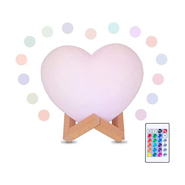 AGM Heart Shaped LED Mood Lamp, 16 Colors RGB Rechargeable 3D Printing Nightlight| Remote and Touch Control for Children & Adults, Bedroom Living Room Cafe Bar Decor and Valentines Gifts