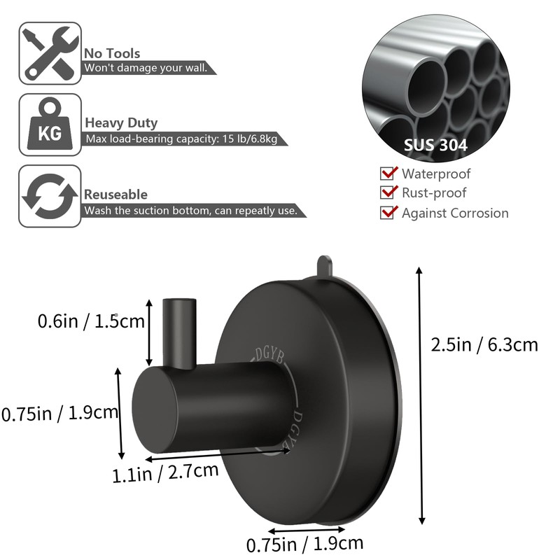 DGYB Suction Cup Hooks for Shower Black Bathroom Hooks Suction