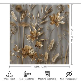 SOPIYRIO 4 Pcs Gorgeous Flower Shower Curtain Bathroom Set with Rugs, Rustic Golden Flower Plants Shower Curtain with 12 Hooks, Toilet Lid Cover and Bath Mat for Bathroom Decor Set