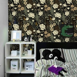 Abyssaly Blak Floral Peel and Stick Wallpaper, Vintage Rose Leaf Wallpaper Black Brown Beige for Bedroom, Vinyl Self Adhesive Removable Contact Paper Stick on Mural 17.7 in X 118 in