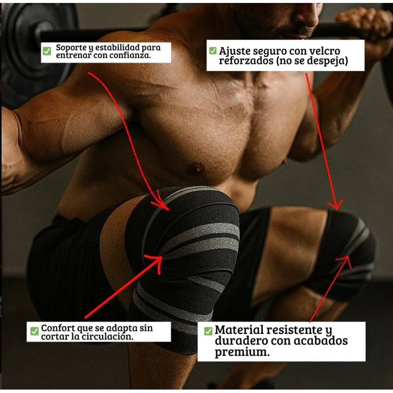 Kit Vendas Para Rodilla Knee Wraps + Coderas +muñequeras Gym