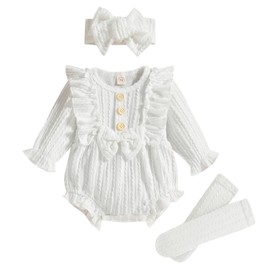 GRNSHTS Newborn Baby Girl Clothes Ruffle Solid Sweater Romper Long Sleeve Button Bodysuit+Hairband+Socks 3Pcs Fall Winter Outfits(White,6-9 Months)