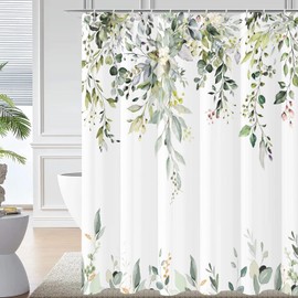 Sage Green Eucalyptus Leaves Shower Curtain, Green and Gold Leaves Spring Botanical Plants Bathroom Curtain Waterproof Fabric Machine Washable with Hooks, 72" Wx72 L