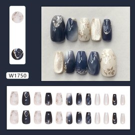 Medium Square Press on Nails Blue White Cat Eyes Fake Nails with Gradient Designs 3D Handmade False Nails Glitter Gel Acrylic Glue on Nails Summer Spring Silver Flower Stick on Nails for Women 24Pcs