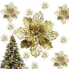 Yifanplus 12 Pcs Christmas Glitter Artificial Poinsettia Flowers, 6.7 Inch Christmas Tree Ornaments for Christmas Tree/Xmas Wreaths/Wedding/Garland Holiday Decoration (Gold)