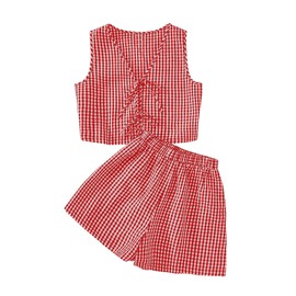 SOLY HUX Women's Summer 2 Piece Outfits Plaid Print Sleeveless Tie Front Tank Top Vest Shorts Beach Vacation Set Red and White Large