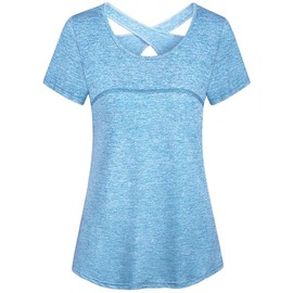 Kimmery Yoga Tops,Loose Fit Sweet Wicking Short Sleeve Scoop Neck Cross Cut Back Tops Summer Work Out Home Gym School Camping Athleisure Wear Light Blue M