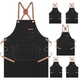 Genixart 6 Bulk Pack Chef Apron for Men Women with Pockets, Cross Back Kitchen Aprons for Cooking Baking, Cotton Canvas Work Apron for Restaurant Garden (6, black)
